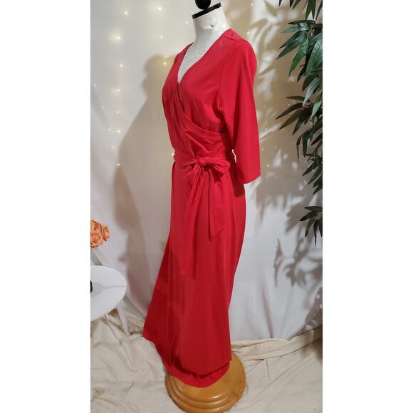 Soft Surroundings Faux Wrap Tie Waist Maxi Dress Size S Red 1/2 Sleeve V-Neck - Picture 2 of 10